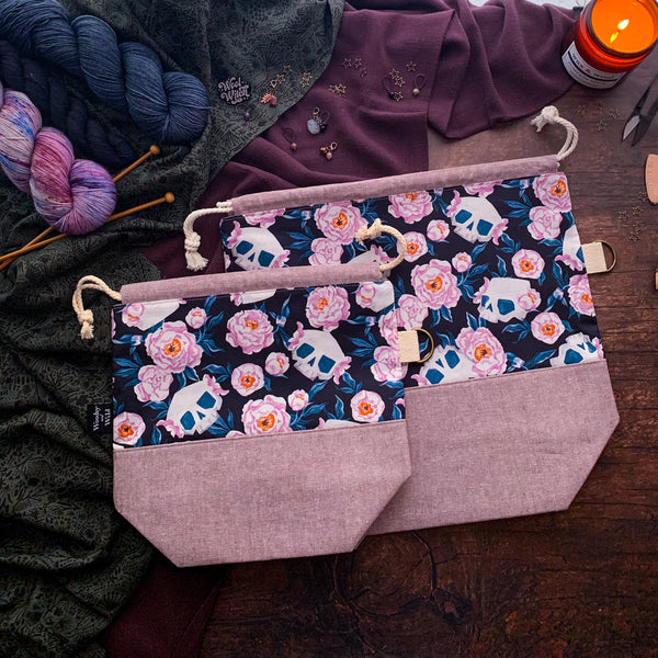 "Skull Floral"- Knitting Project Bag- Ready to Ship