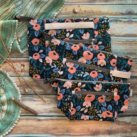 *Rosa in Black*- Ready to Ship- Zippered Knitting Project Bag