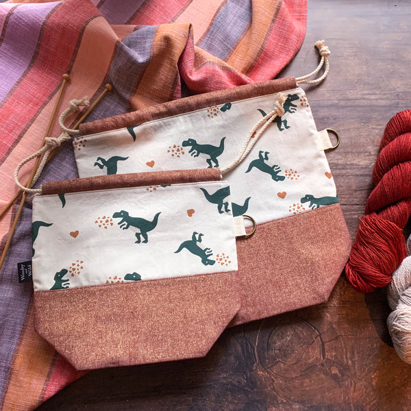*Dinosaur Love*  Zippered Knitting Project Bag- Ready to Ship